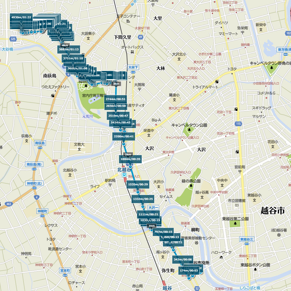 越谷駅伝1区 キョリ測で計測して4.93km