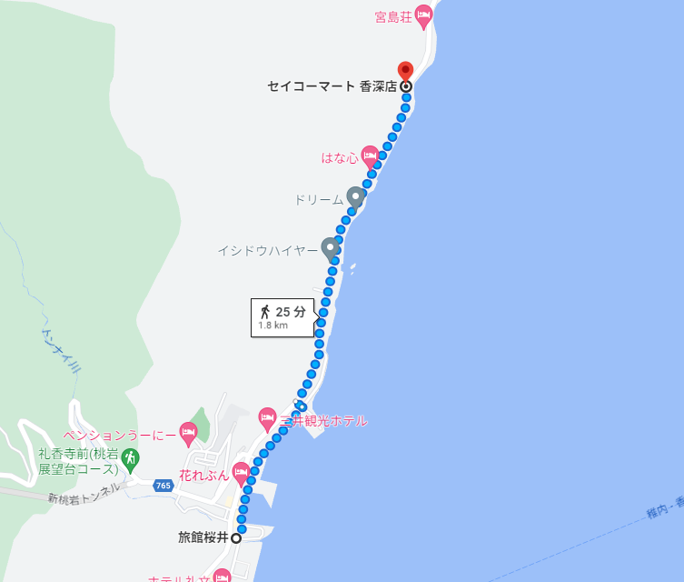 礼文島 旅館桜井からセイコーマートへの道のり